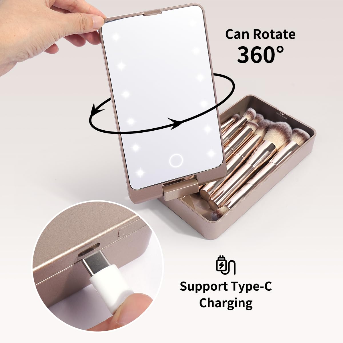 MAANGE Makeup Brush Set 10 Pcs Travel Makeup Brushes Double-ended Kabuki Brush for Foundation Powder Concealers Eye Shadows Makeup Tools Set with LED Light Mirror (Gold)