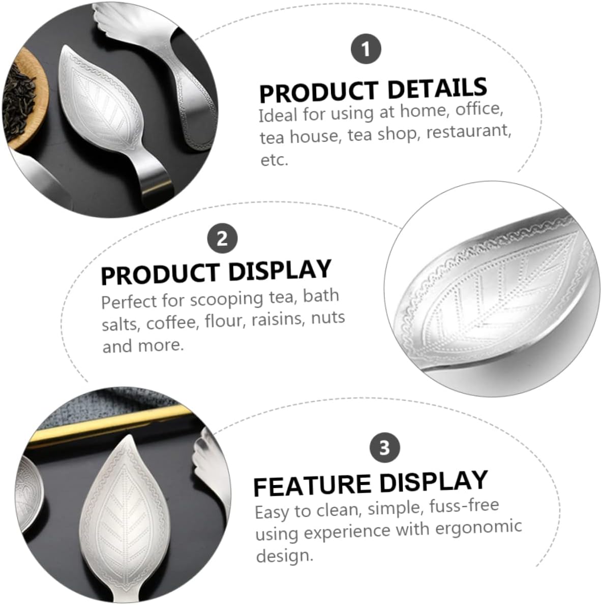 KICHOUSE Stainless Steel Teaspoon Easy Clean Simple Fuss Tea Scoop for Tea Flour Nuts