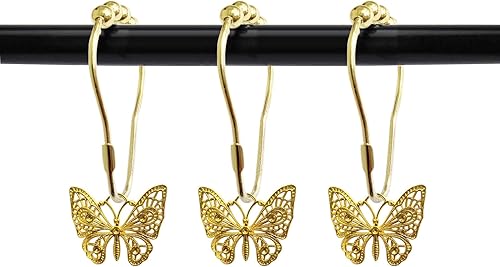 Juego de 12 ganchos de cortina de ducha de mariposa, accesorios de decoración de baño de casa, anillo de acero inoxidable a prueba de óxido (dorado)