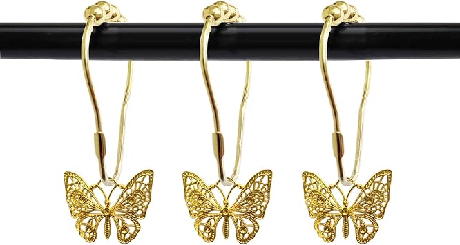 Set of 12 Butterfly Shower Curtain Hooks, House Bathroom Decor Accessorie, Stainless Steel Ring Rustproof Gold