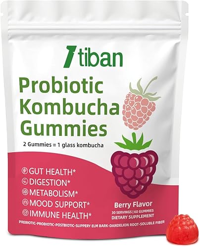 Gomitas probióticas de kombucha prebióticos, probióticos, postbióticos, suplemento de fibra, olmo resbaladizo para hinchazón, salud intestinal,