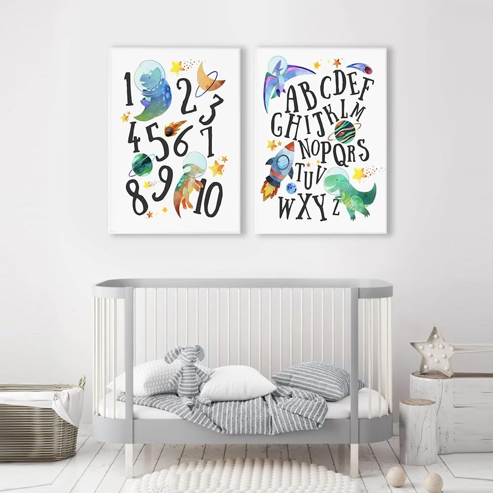 SHUYINGHENGXIE Alphabet Numbers Kids Posters Nordic Watercolor Dinosaurs Wall Art Print Canvas Painting Nursery Decor Pictures No Frame-50x70cmX2