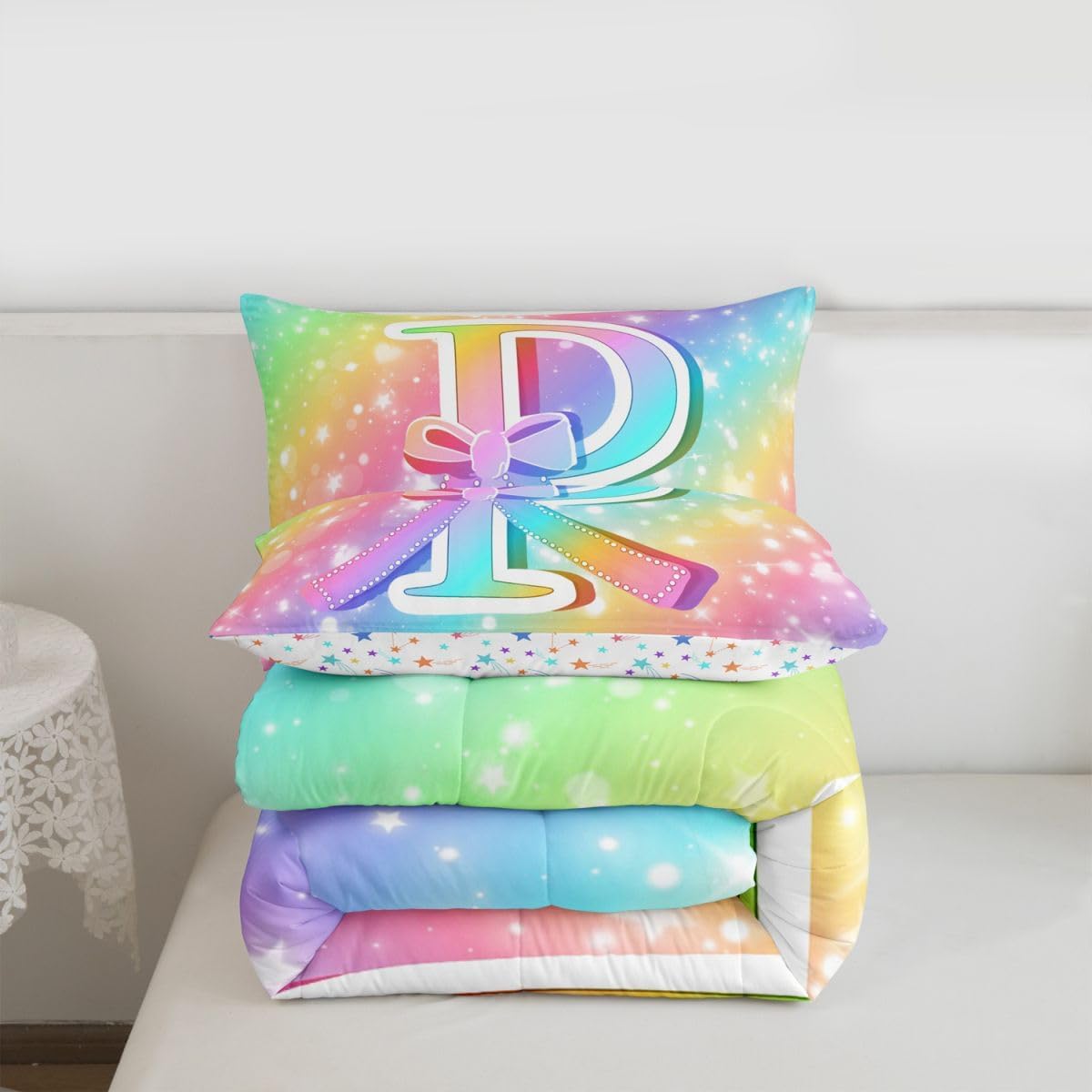 Feelyou Colorful Rainbow Kids Comforter Set Twin Size Personalized Gifts for Kids Girls Bedding Set Cute Coquette Bow Knot Duvet Quilt Bedroom Initial P Decor Monogrammed Ultra Soft Breathable