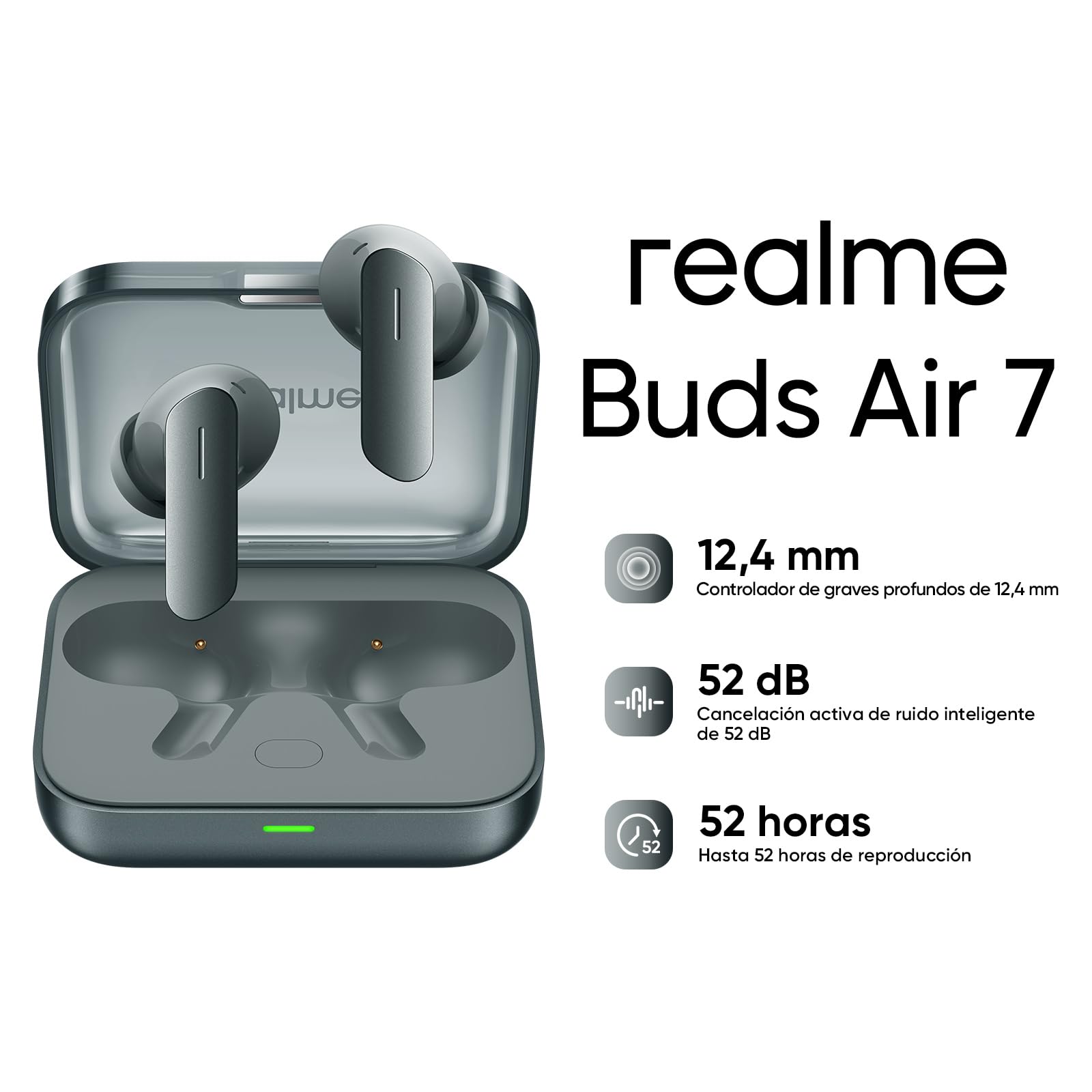 realme Buds Air 7 - Auriculares True inalámbricos, Driver Bass Mega Titanizado de 12,4 mm, ANC Inteligente de 52 dB, Audio Hi-Res & LHDC 5.0, autonomía hasta 52 Horas, Sonido Espacial 360°, Verde