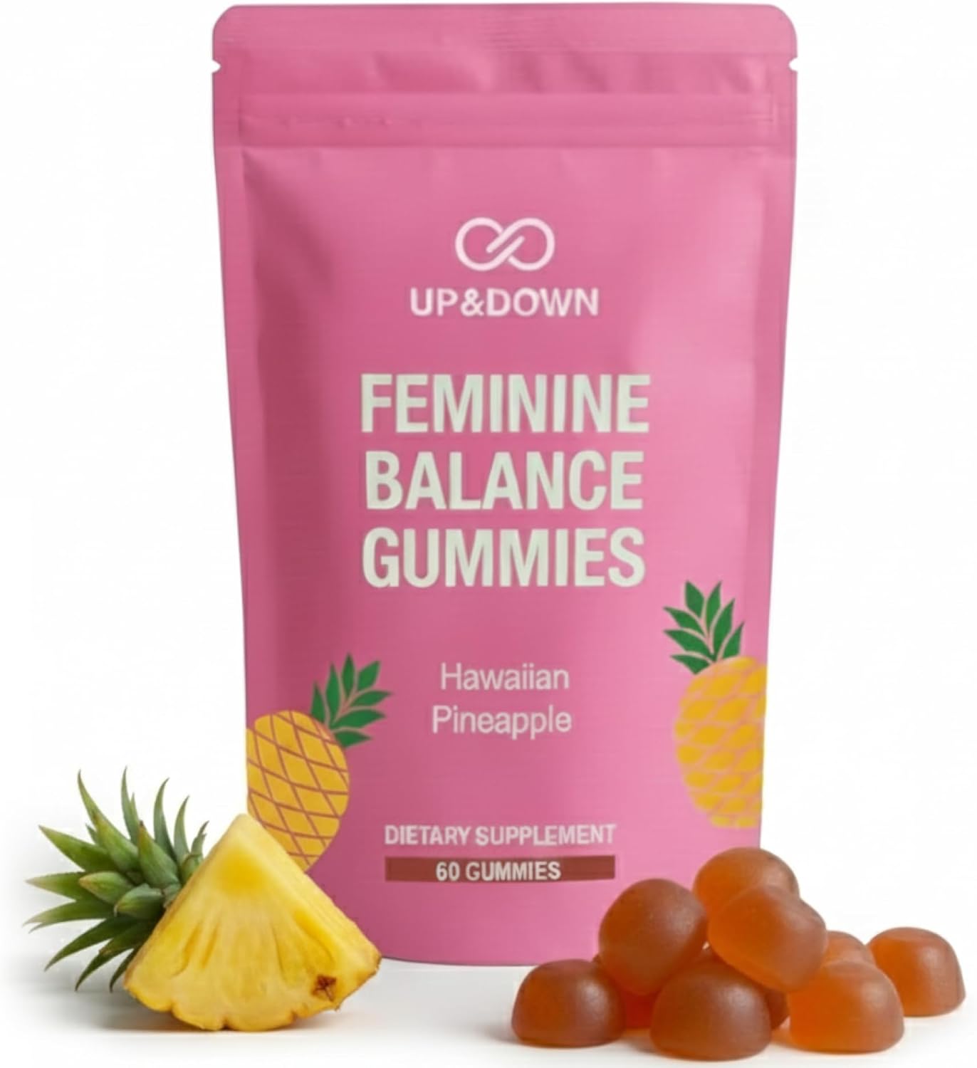 Up&Down Supplements Premium Feminine Balance Gummies for Women | PMS Relief, Mood & Cycle Support | Pineapple + Vitamin C | Ashwagandha & Chasteberry | Vegan, Non-GMO, Gluten Free | 60 Gummies