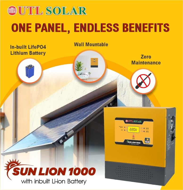 Image of UTL SUN LION 1000 Solar Inverter | Wall Mountable | Inbuilt Lithium Battery (LiFePo4) | rMPPT Solar Charge Controller | Compatible with 12V & 24V Panels | 800VA System | 3-Year Warranty