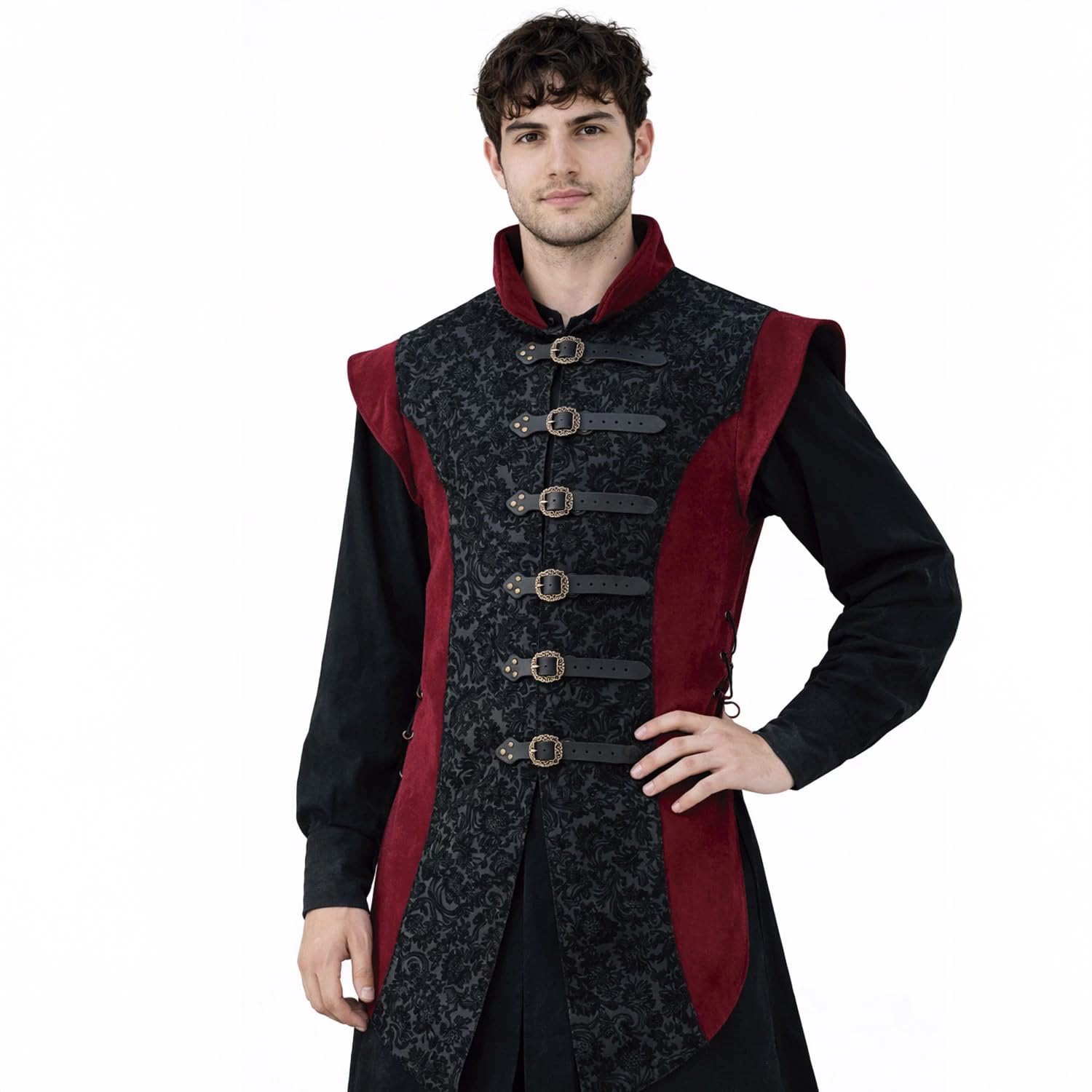 RAWBLADE Yalon Long Black Medieval Splitleather Jerkin for Men (Red, L)