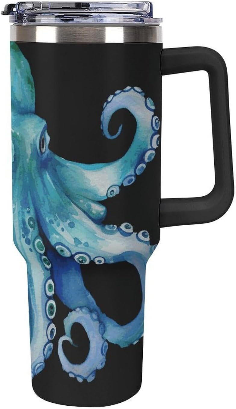 40 Oz Blue Watercolor Octopus Tumbler with Handle And Straw, Stainless Steel Vacuum Travel Coffee Mug Insulated Water Bottle Leak-proof Large Capacity Car Cup Gifts, Cupholder Friendly