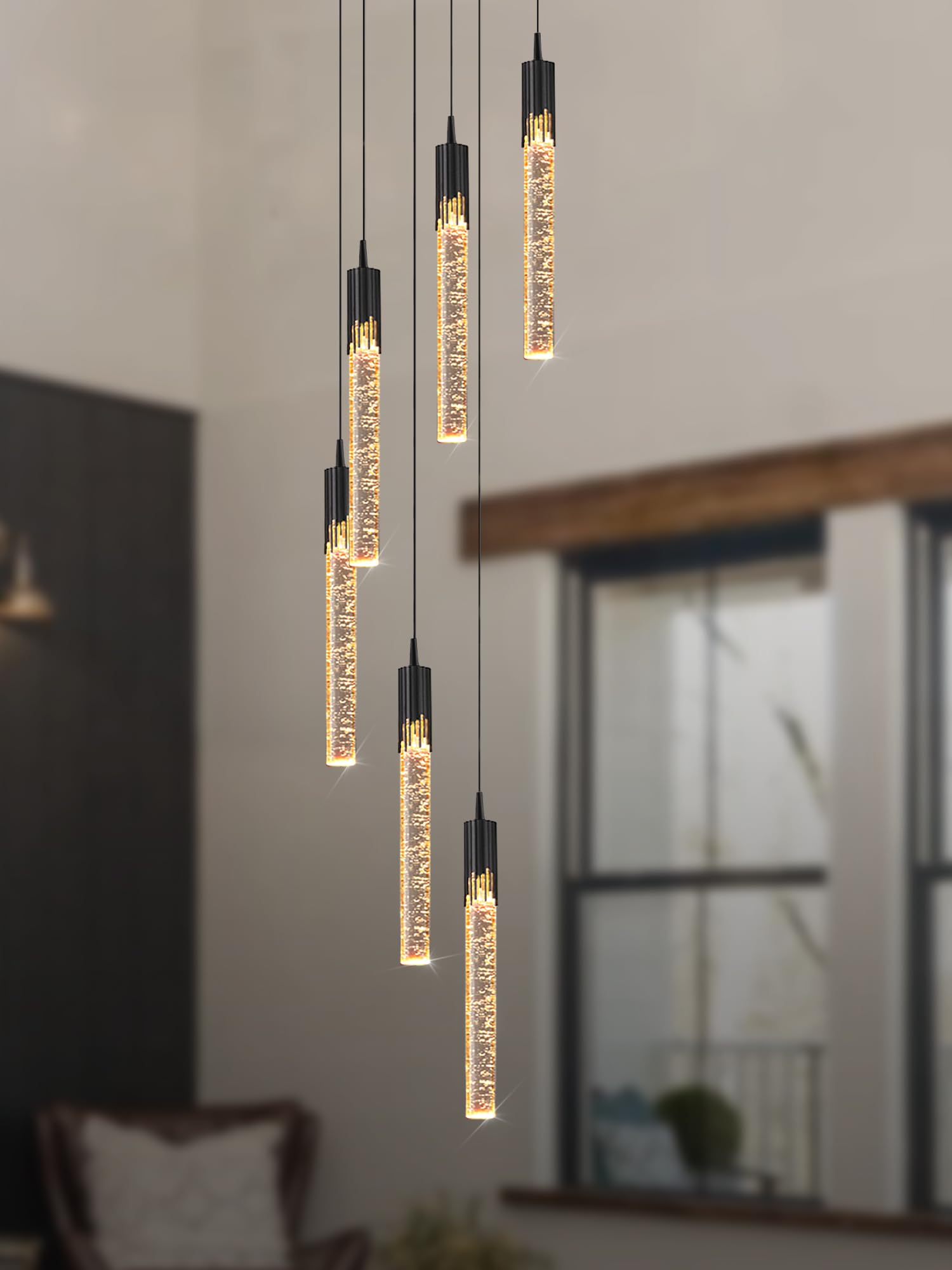Flashing God 6-Lights Black Staircase Chandeliers Crystal Bubble Raindrop Chandelier 70'' High Ceiling Foyer Entrance Chandeliers Creative Loft Ceiling Light Dimmable 2700K 4500K 6000K