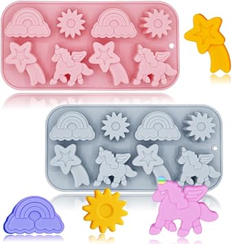 2 Pack Unicorn Molds Silicone 8 Cavity 3D Flying Unicorn Themed Baking Mould Tray with Cartoon Rainbow Meteors Sun for Kids Party Chocolate Cake Topper Dessert Mousse Pastry Handmade Soap Crayons