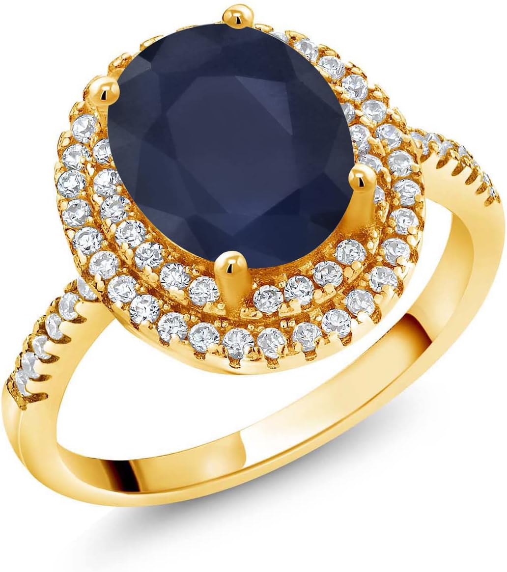 Gem Stone King Oval Halo Engagement Ring for Women | 18K Yellow Gold Plated Silver | 9X7MM Gemstone Birthstone and Moissanite | Wedding Anniversary Promise Ring