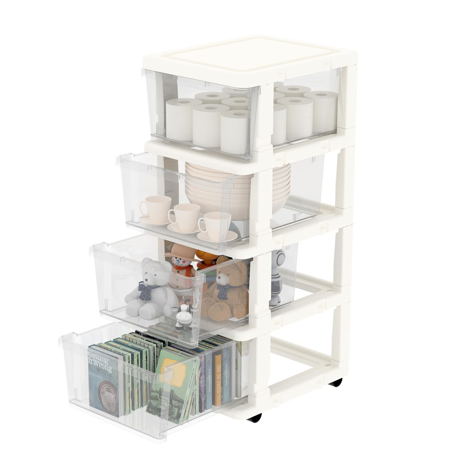 Cetomo Plastic Storage Drawers Unit, Storage Drawer on Locking Wheels, Tower with Interlocking Hooks for Home Office Closet Bedroom Dorm, Detachable, Free Combination, Clear and White, 4 Drawers