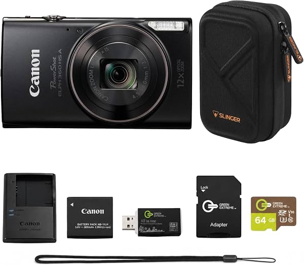 Paquete de Cámara Digital Canon PowerShot ELPH 360 HS con Tarjeta microSD 64GB, Adaptador SD, Lector de Tarjetas USB, Estuche Rígido Slinger, Batería y Cargador (Negro)