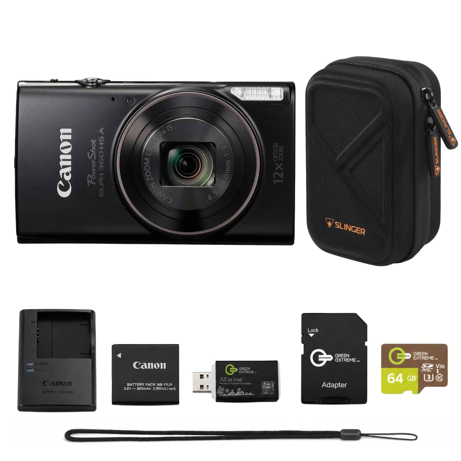 CanonPowerShot ELPH 360 HS Digital Camera Bundle with 64GB microSD Card, SD Adapter, USB Card Reader, Slinger Hardshell Camera Case, Battery & Charger (Black) Compact