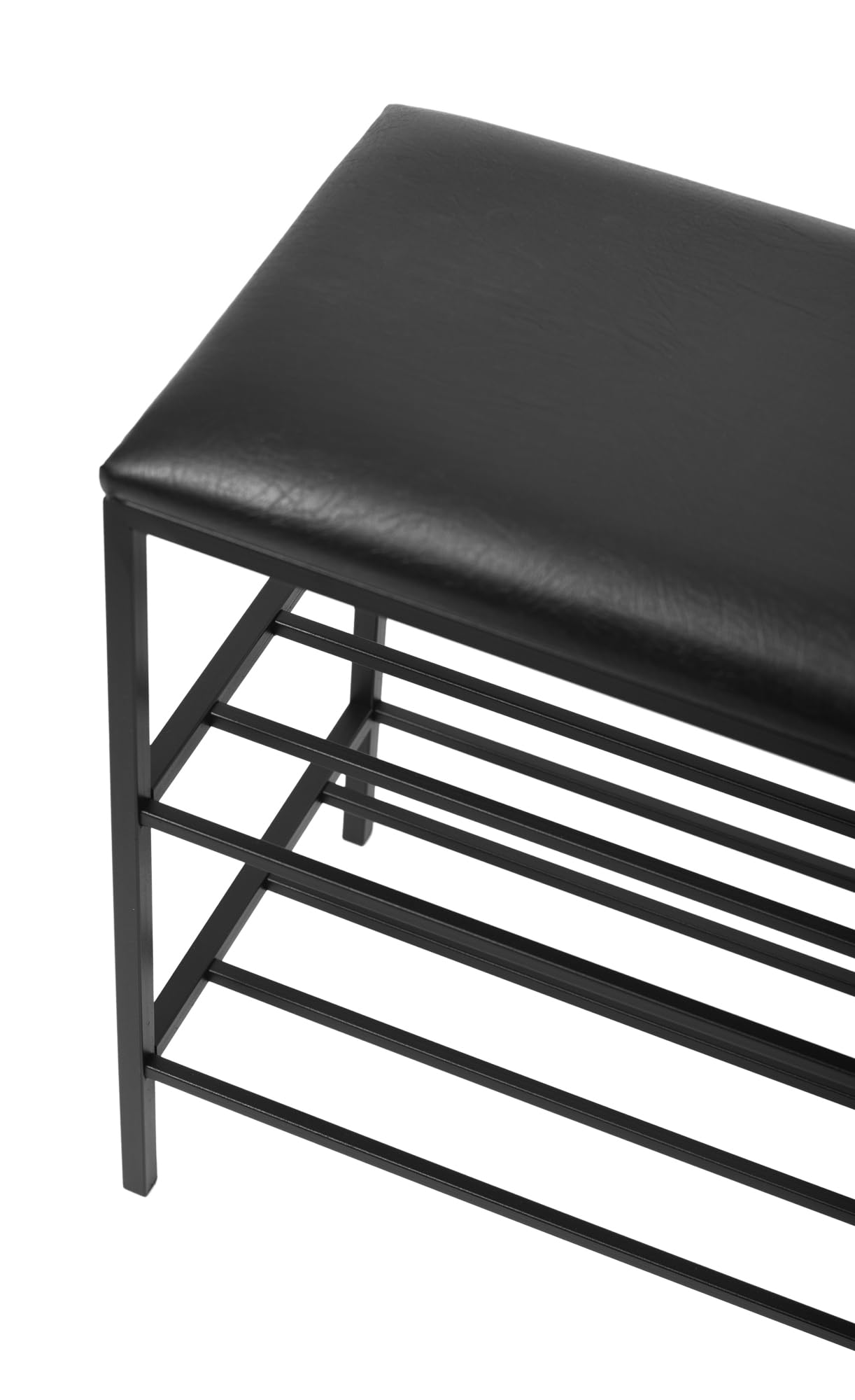 Ławka na Buty z Siedziskiem - Stojak na Buty - 75x30x55cm - z Metalu, 2 półki, bez Montażu - Ławka do Przedpokoju POSTO Czarny z Czarnym Siedziskiem ze Sztucznej Skóry, 15mm Metalowa Rama