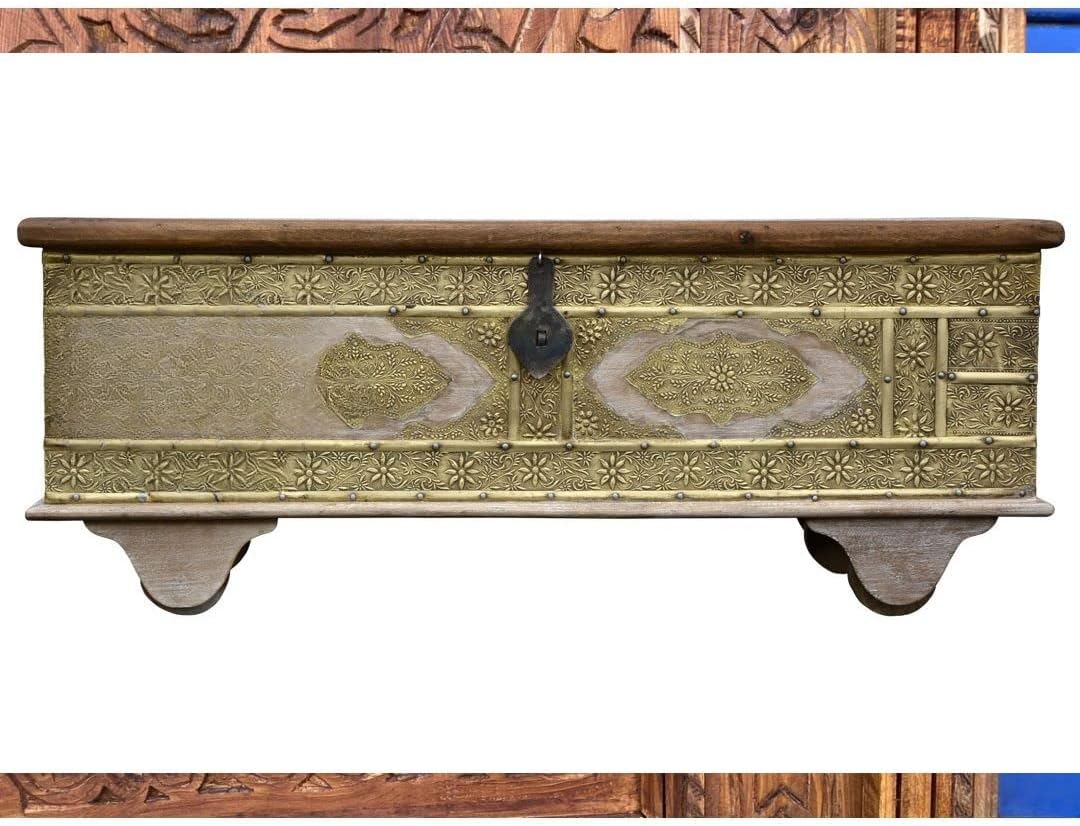 Brass Work Indian Hand Craved Solid Wood Storage Box Chest Golden Hand Carved Storage Trunk for Living Room, Bedroom