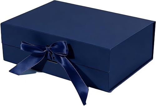 [CTRL & HOME] - All-in-One Foldable Gift Box with Magnetic Closure& Built-in Ribbon, Premium Flat-Fold Paperboard Packaging Box for Jewelry, Wedding, Birthday Gifts (Dark Blue, L:34 * 25 * 12.5cm)