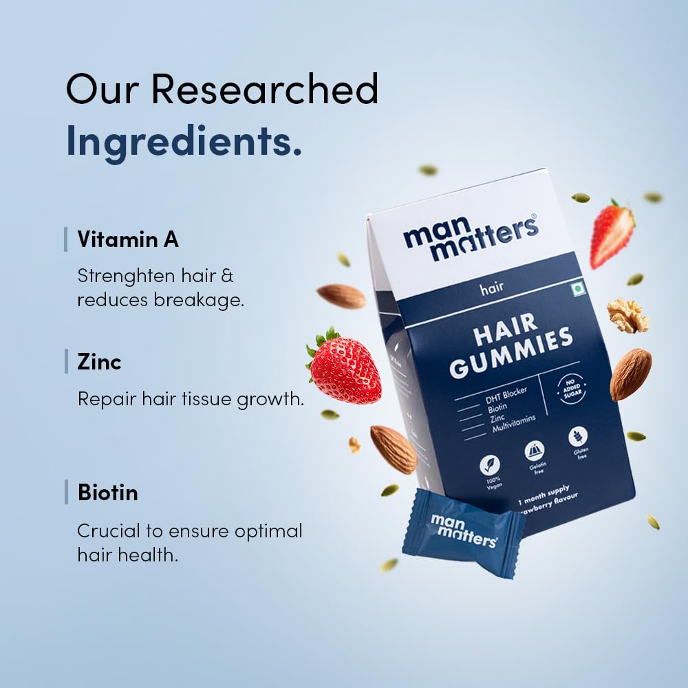 Man Matters Biotin Hair Gummies (30N) | No Added Sugar | With Biotin, DHT Blockers, Vitamin A, C, E, Zinc & Fibre | For Healthy & Strong Hair | Strawberry Flavour | 100% Veg & Gut Friendly