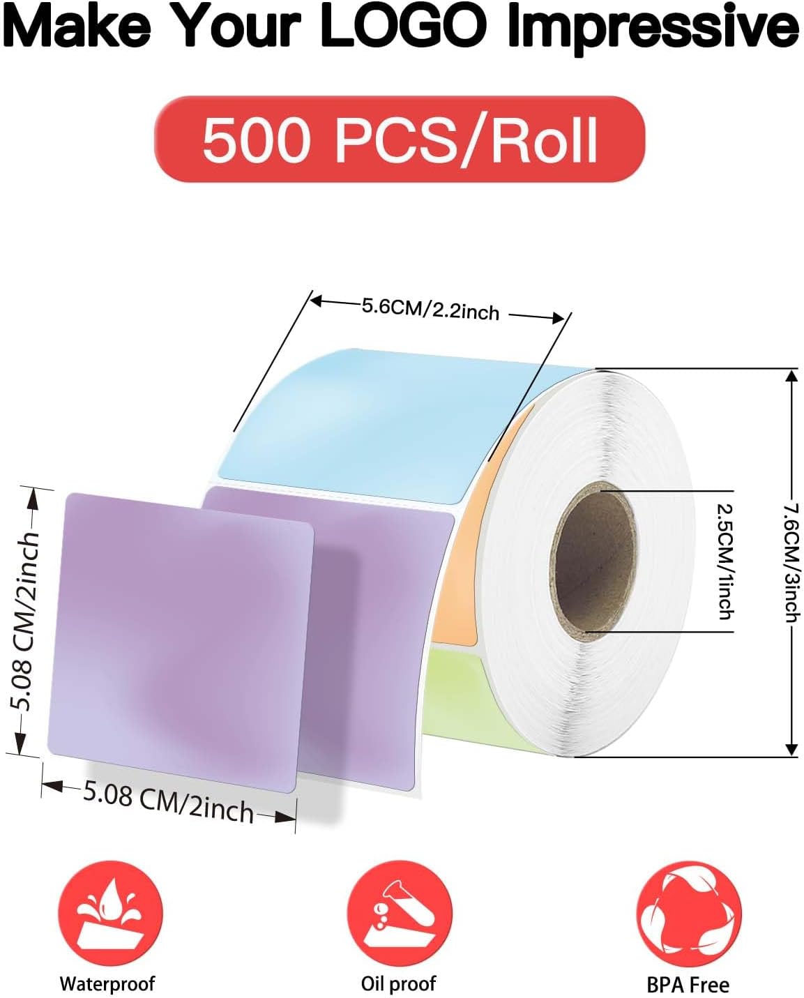 2 2 Inch Square Thermal Labels, Thermal Stickers with Perforation Line, Self-Adhesive Waterproof Personalized Stickers for Small Business, Logo Design, 500 Labels/1 Roll, Colorful - Image 2