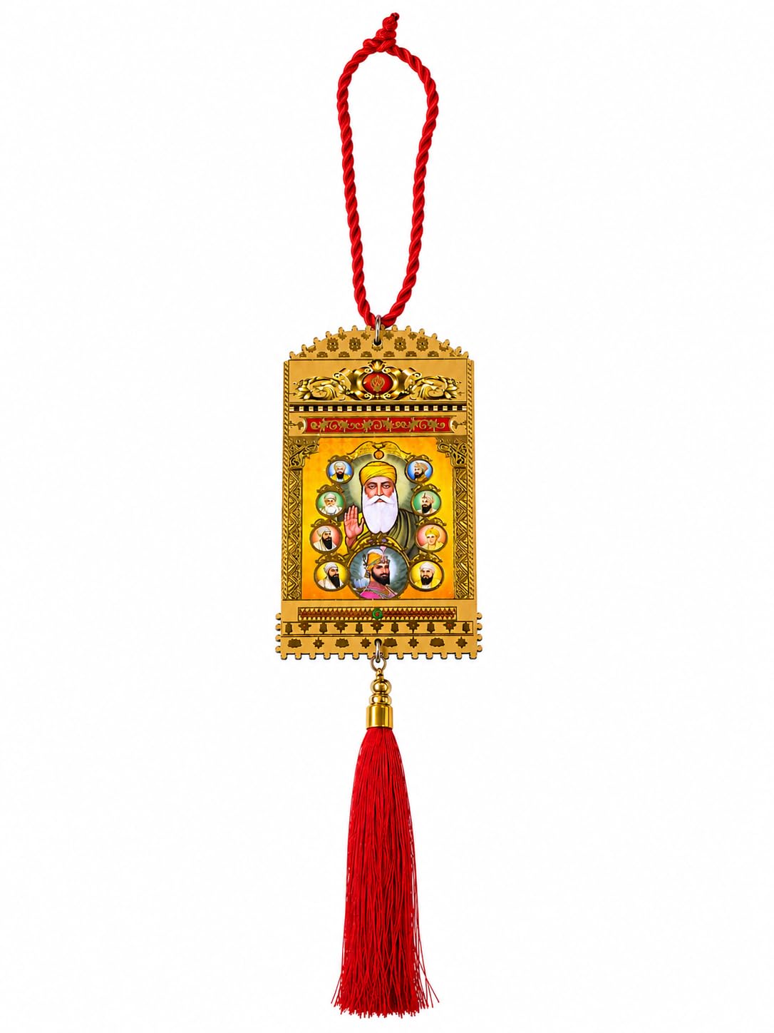 10 Sikh Gurus Religious Hanging Decoration Gold Colour Picture Spiritual Ornament with Tassel for Home Car Prayer Room Gurdwara Office Shop Entrance Housewarming Festival Gift Sikhism Décor