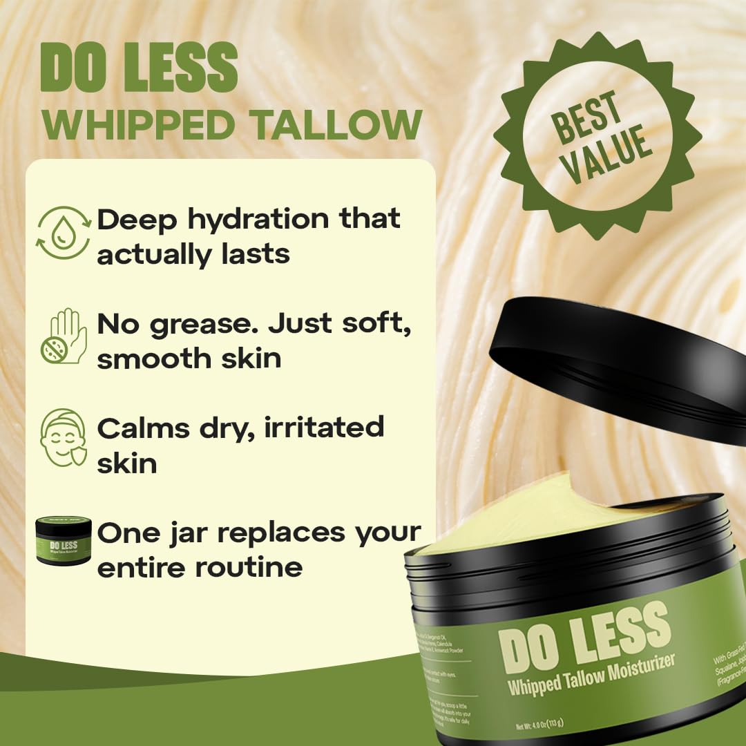 Do Less Whipped Beef Tallow Cream Face & Body – Deep Hydration for Dry, Sensitive Skin – Non-Greasy Fast Absorbing Moisturizer with Grass-Fed Beef Tallow Manuka Honey Jojoba Oil Vitamin E – 4oz