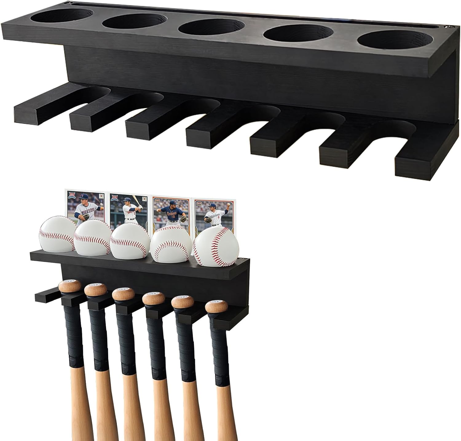Baseball Holder Wall Mounted, Black Baseball Display Case Can Hold 5 Sets of Baseballs and Bats, Wooden Storage Rack Stand Hanger Softball Storage Organizer