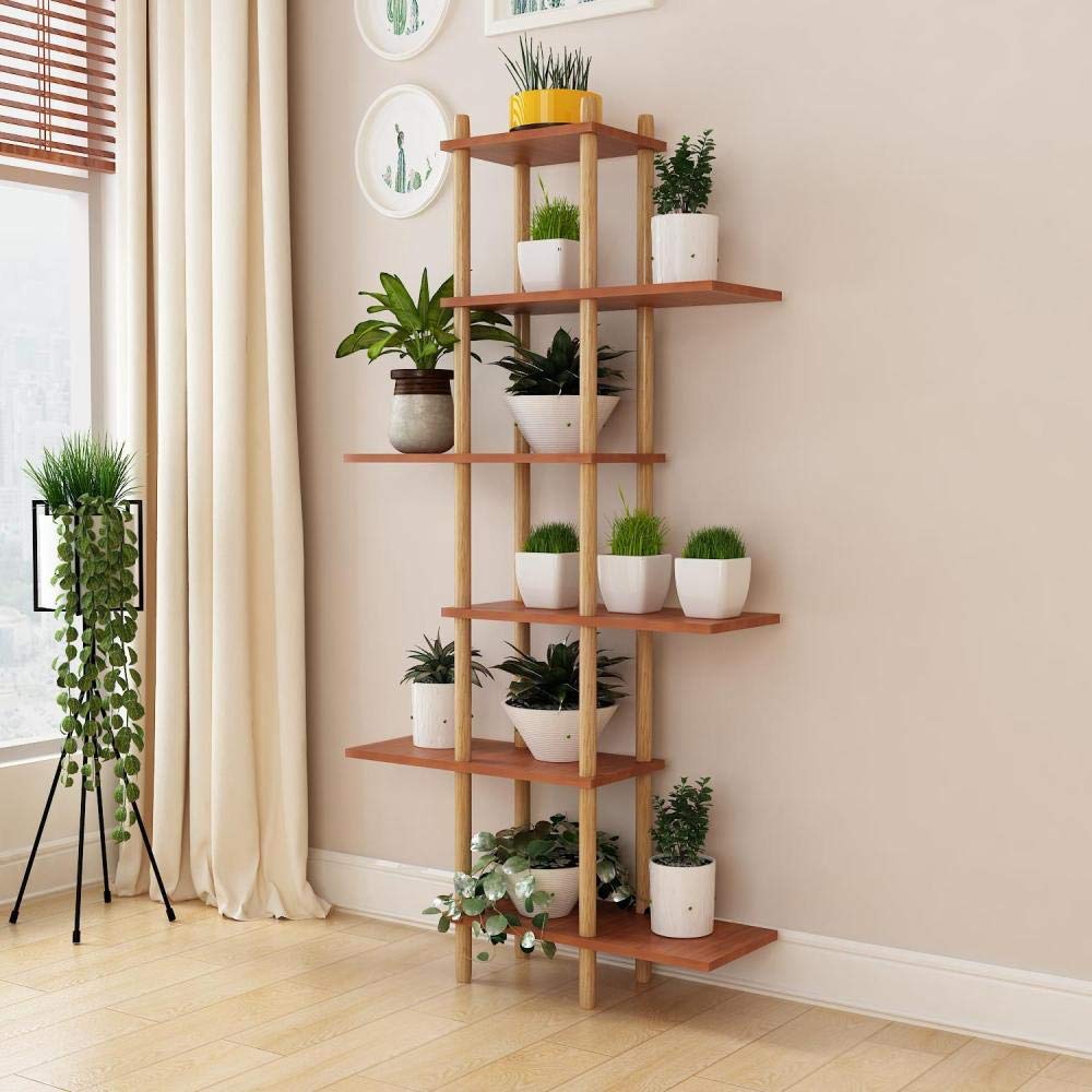 Estante de flores para balcón y terraza con madera natural de 6 niveles