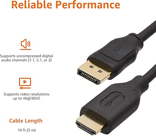 Vista 6 de Tienda Basics Cable de pantalla DisplayPort a HDMI, unidireccional, 4k30Hz, 1920x1200, 1080p, conectores chapados en oro, 10 pies, negro