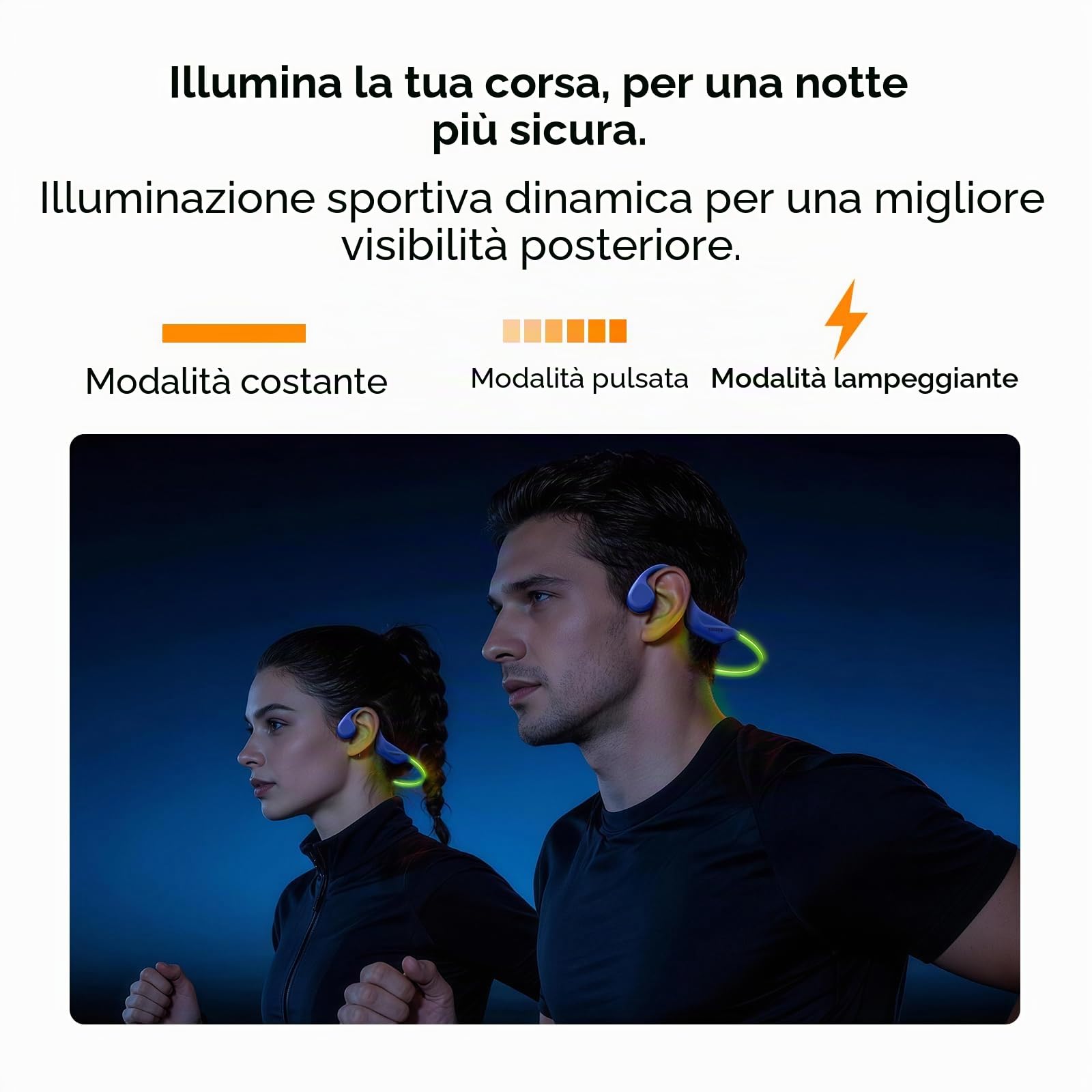 BoneBeatRunRay Cuffie Conduzione Ossea Auricolari Conduzione Open Ear BT6 Auricolari Sportive Impermeabili IP66 Luce LED di Sicurezza 10 Ore Autonomia Ricarica Rapida per Corsa Palestra -Blu