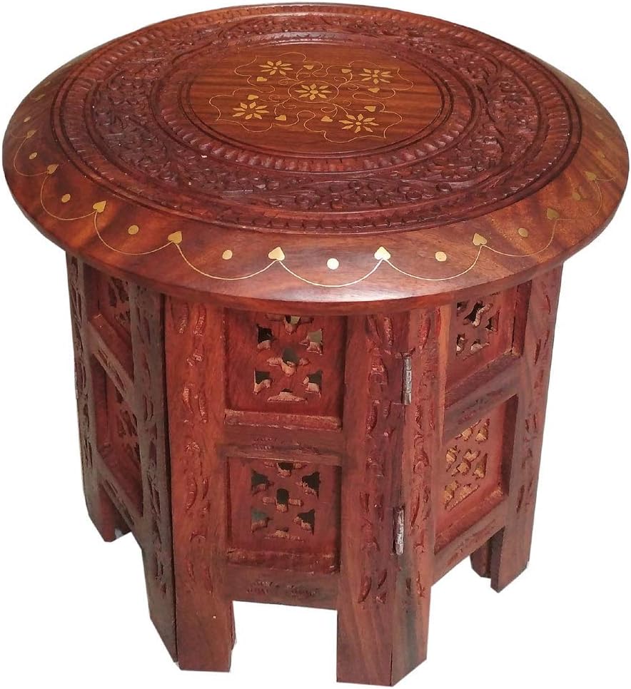 Craftropolis Wooden Foldable Stand Stool (Round) || 12 Inch || Hand Carved || Octagon Bottom Coffee End Table || Floral Design || for Decoration/Sitting/Home/Office/Kitchen