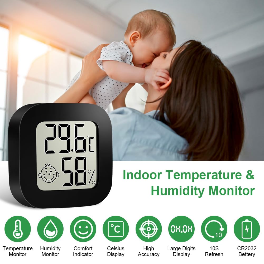 Ainiv Cyfrowy mini higrometr/termometr pokojowy, do pomieszczeń, z wyświetlaczem LCD i ikonami twarzy, z monitorem wilgotności/temperatury, do sypialni, pokoju dziecięcego, samochodu, 2 sztuki