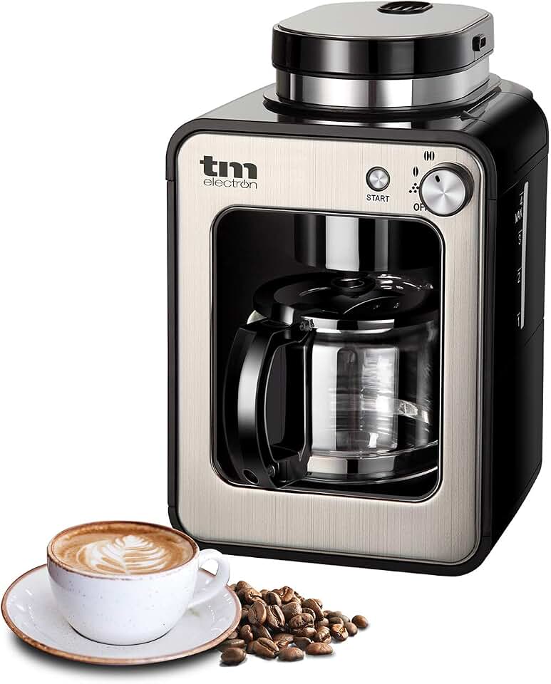 TM Electron TMPCF020S Mini cafetera de Goteo con Molinillo Grano, 4 Tazas, 600W y Filtro Lavable Compatible con café molido, 600 W, 6 Cups, Acero Inoxidable, Plata