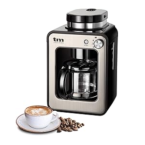 TM Electron TMPCF020S Mini cafetera de Goteo con Molinillo Grano, 4 Tazas, 600W y Filtro Lavable Compatible con café molido, 600 W, 6 Cups, Acero Inoxidable, Plata