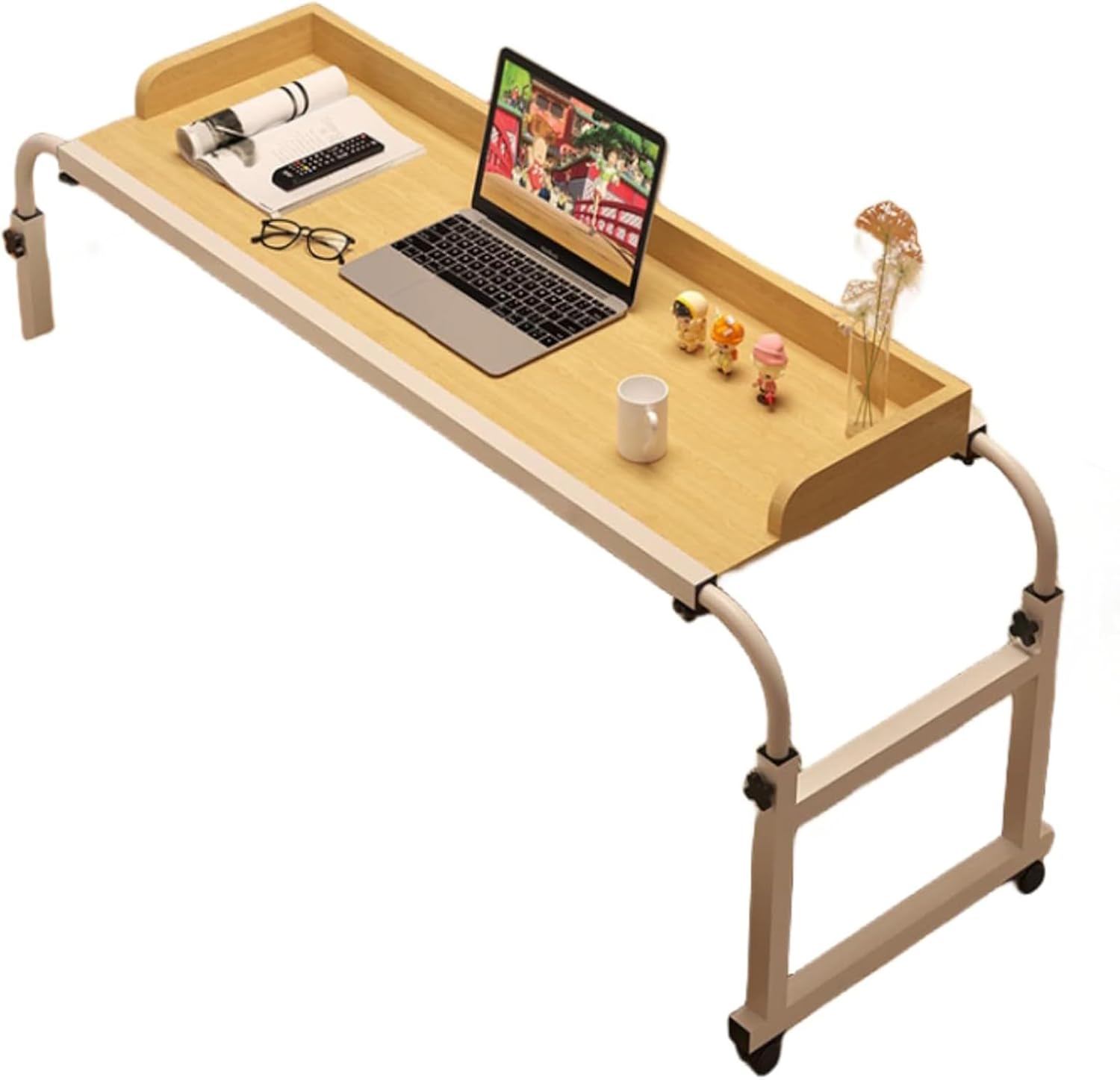 Over Bed Table with Wheels, Computer Workstation Overbed Table Chair Table, Mobile Overbed Computer Table Adjustable Width 115-210cm