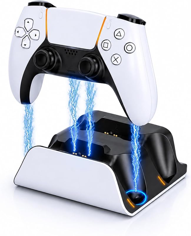 PS5 Controller Charger Station with LED Indicator,Self-Aligning Charging Dock,Dual Controller Fast Charging Dock,Desktop Display Stand for PlayStation 5 (White)