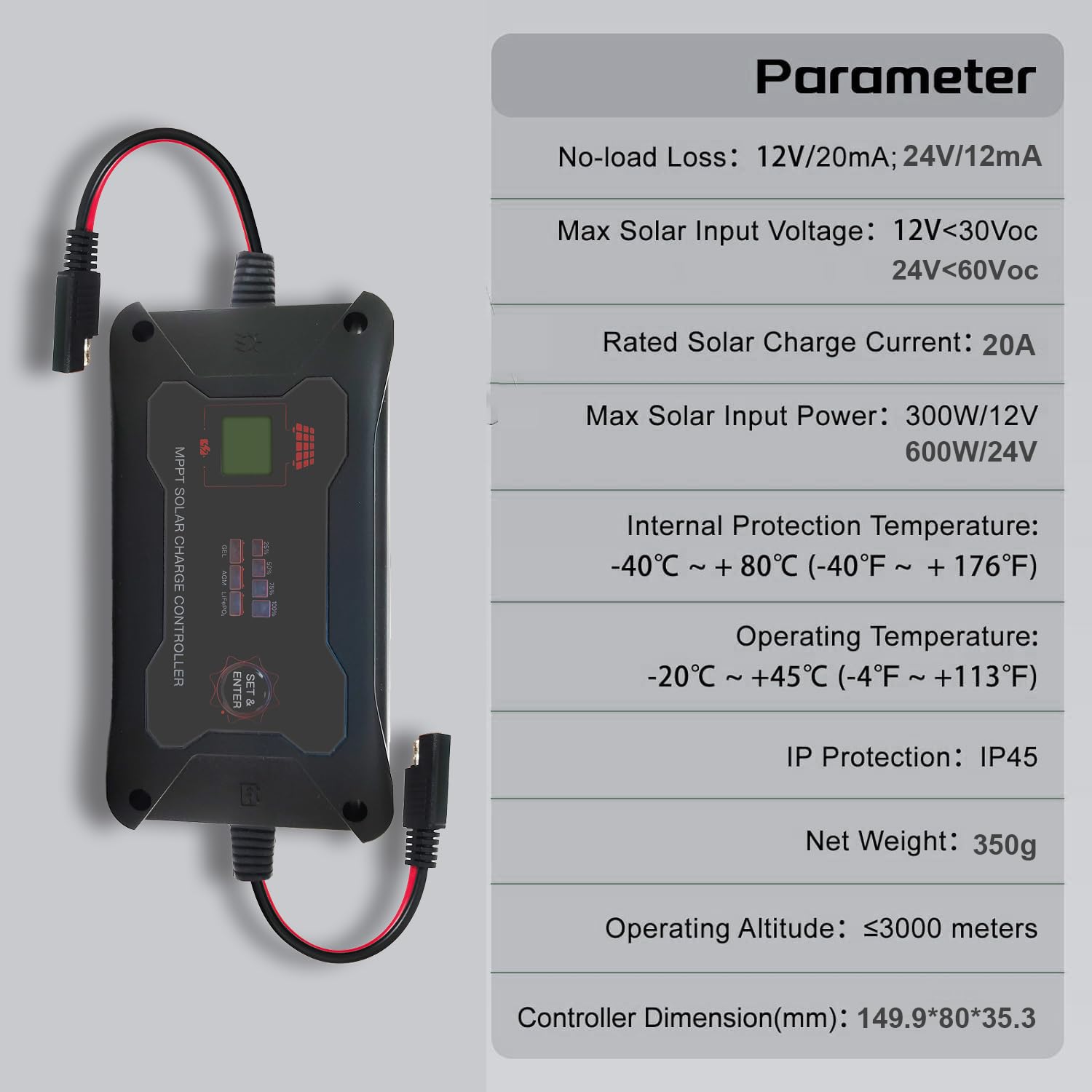 SolaMr 20A MPPT Regulador de Carga Solar 12V/24V Regulador de panel Solar Portátil Inteligente con Pantalla LCD y LED para GEL/AGM/Lead-Acid y LiFePO4 Batería-M2420P