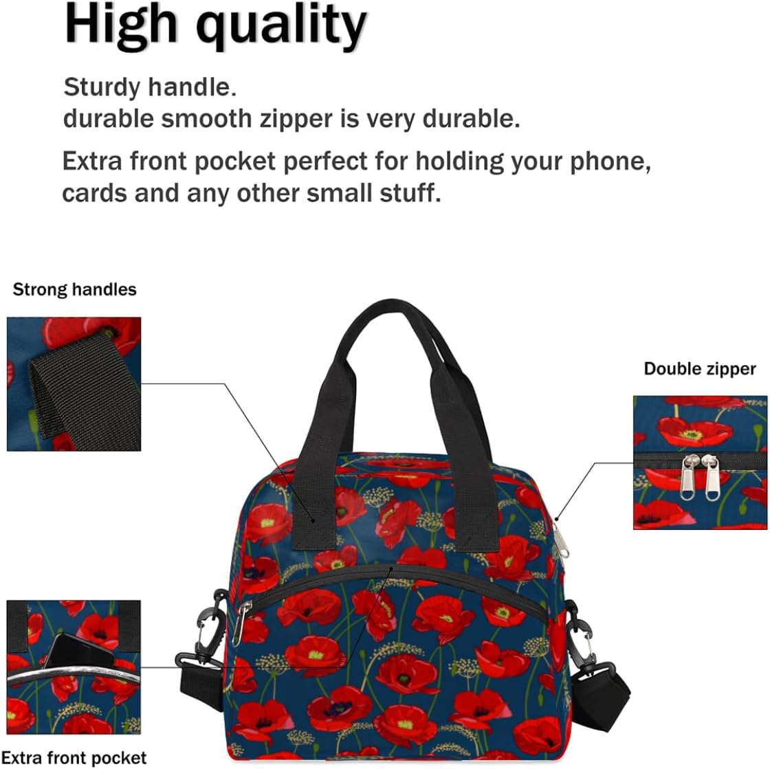 Insulated Lunch Bag for Women Men Poppies Pattern Leakproof Cooler Tote Bag Large Reusable Adult Lunch Box with Adjustable Shoulder Strap for Office Work Picnic Travel Beach