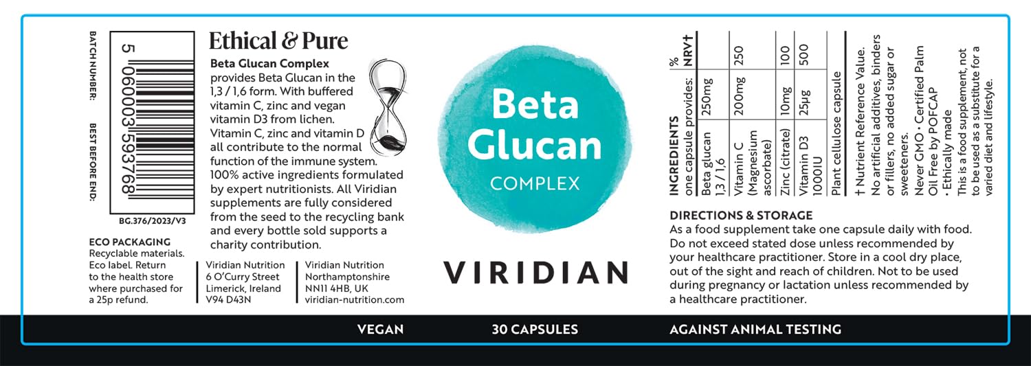 Viridian Beta Glucano 250mg con Vitamina C, D3 & Zinc - 30 Cápsulas