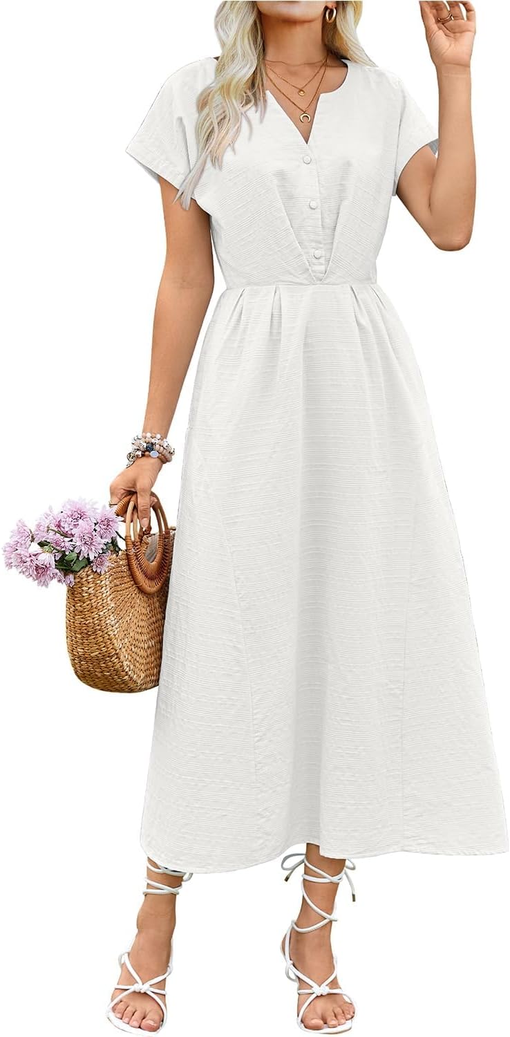 ECOWISHWomen Cotton Midi Dress: 2025 Button V Neck Casual Summer Dresses Short Sleeve A-Line Shirt Long Dress with Pockets