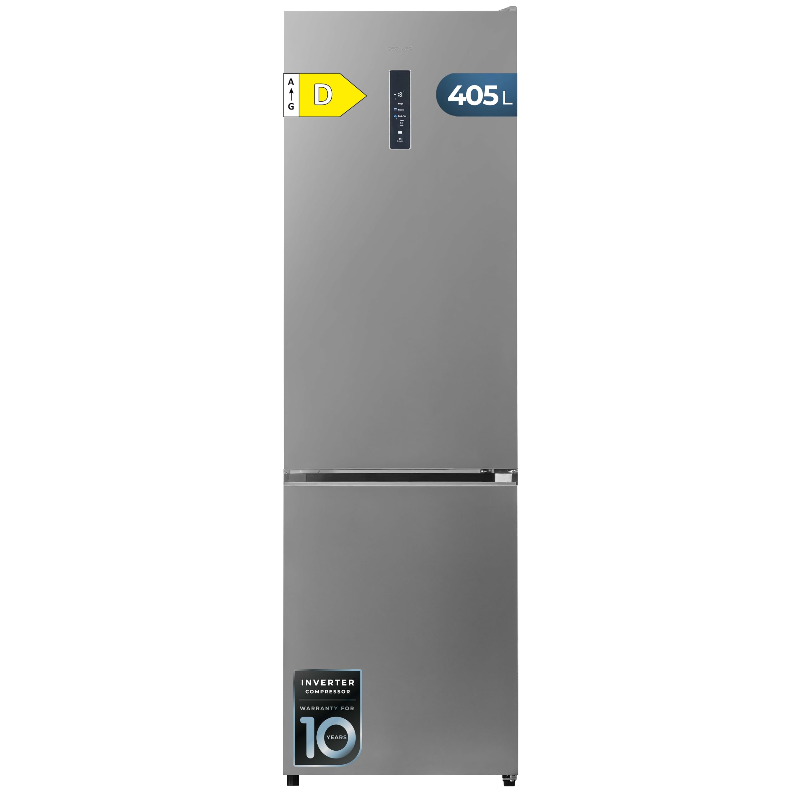 Cecotec Kühl-Gefrierkombination Bolero CoolMarket Combi 405 WL Elite Inox D. 405 L, 199,5x59,2 cm, Total No Frost, Inverter Plus, 37 dB, Fast Cooling & Freezing, LED-Display, Energieklasse D