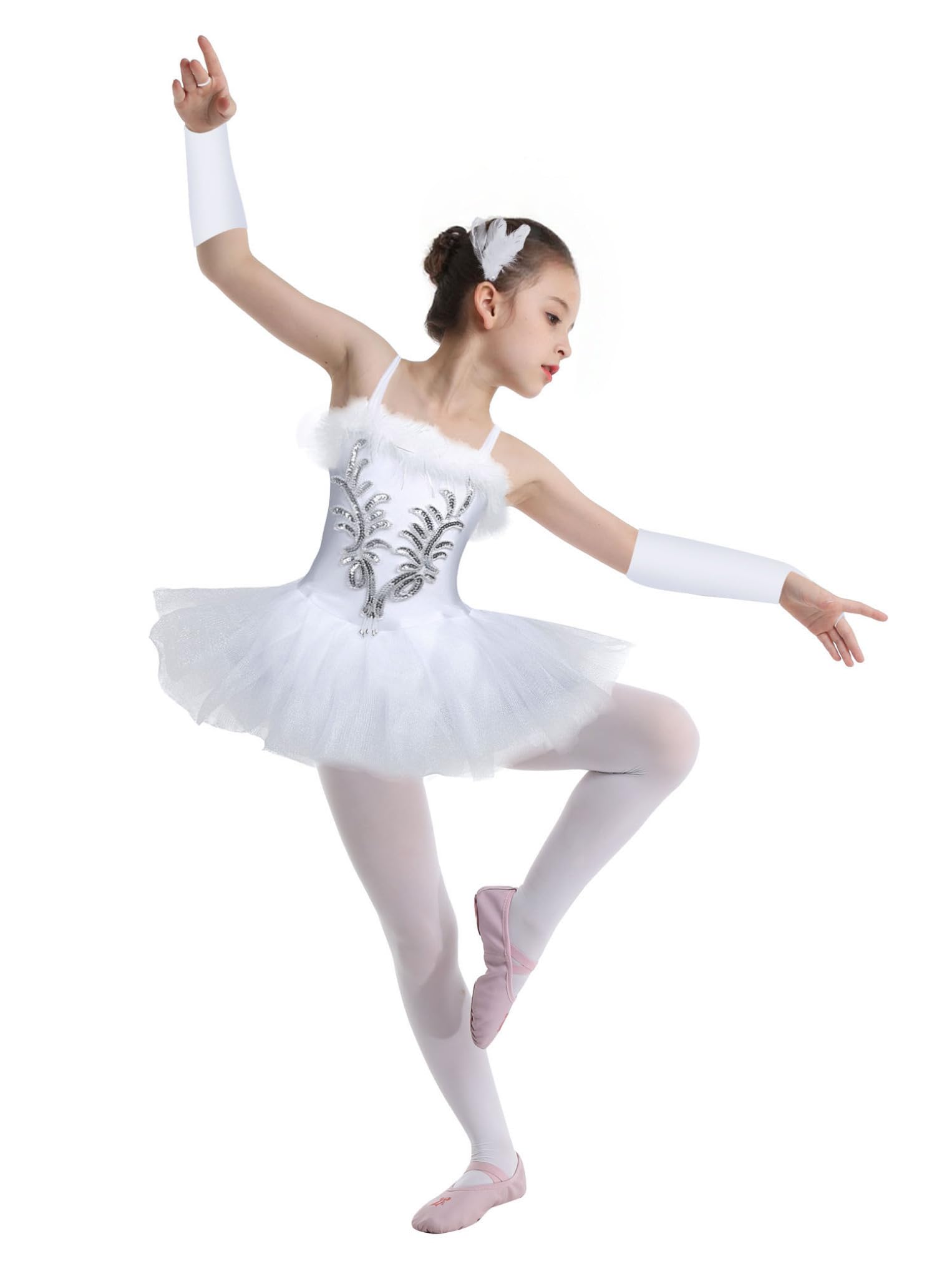 Oyolan Kids Girls Ballerina Swan Lake Costume Sequined Ballet Performance Leotard Tutu Dress with Gloves Hair Clip Set