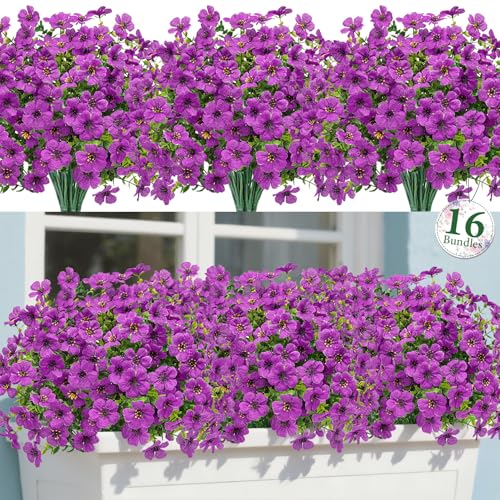 Image of Bassion 16 Bundles Artificial Flowers for Outdoors Fake Flowers, Purple