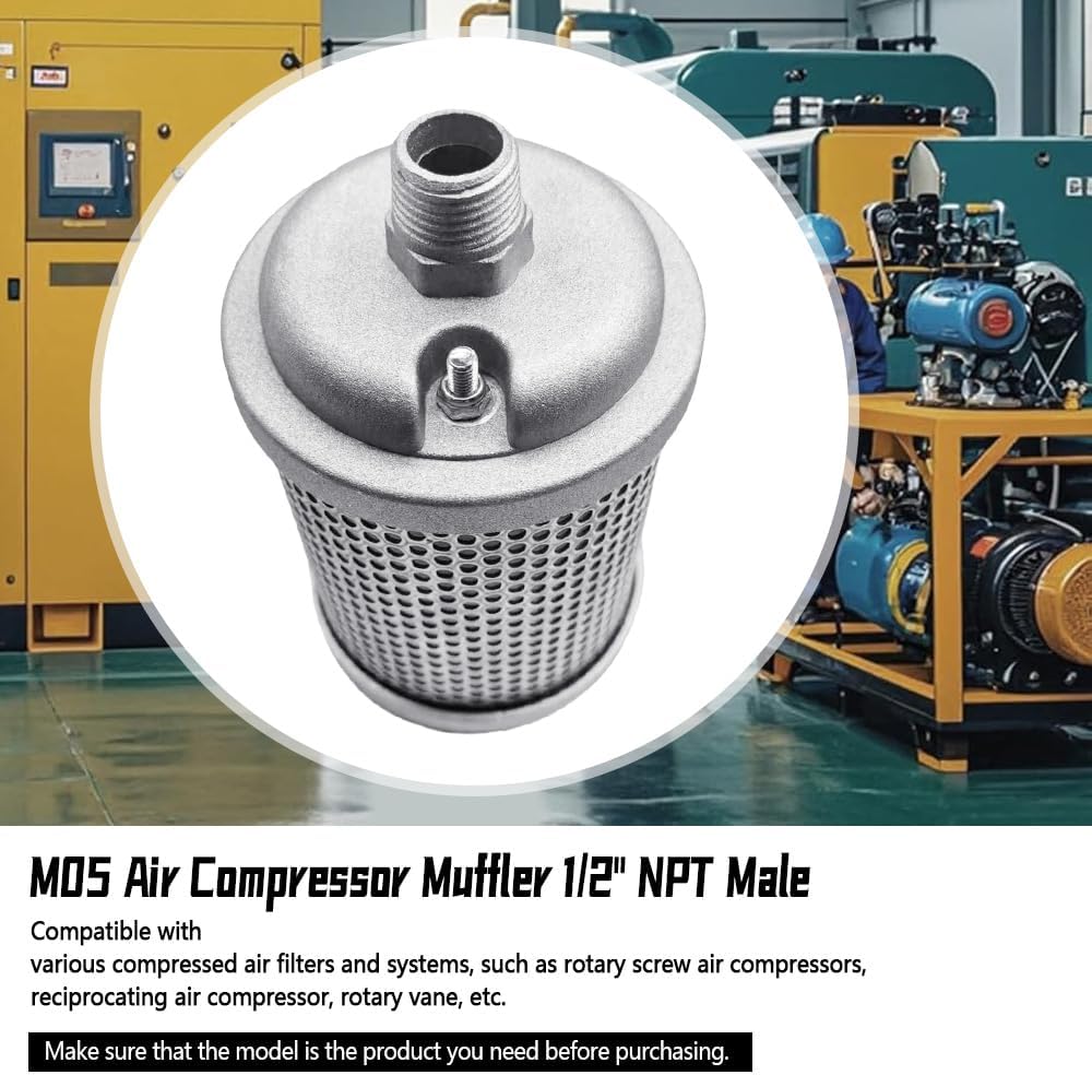 M05 Air Compressor Muffler, 1/2" NPT Male, Single Chamber 145 PSI, Fits for Compressor Dryer Compressed Air Equipment and Systems