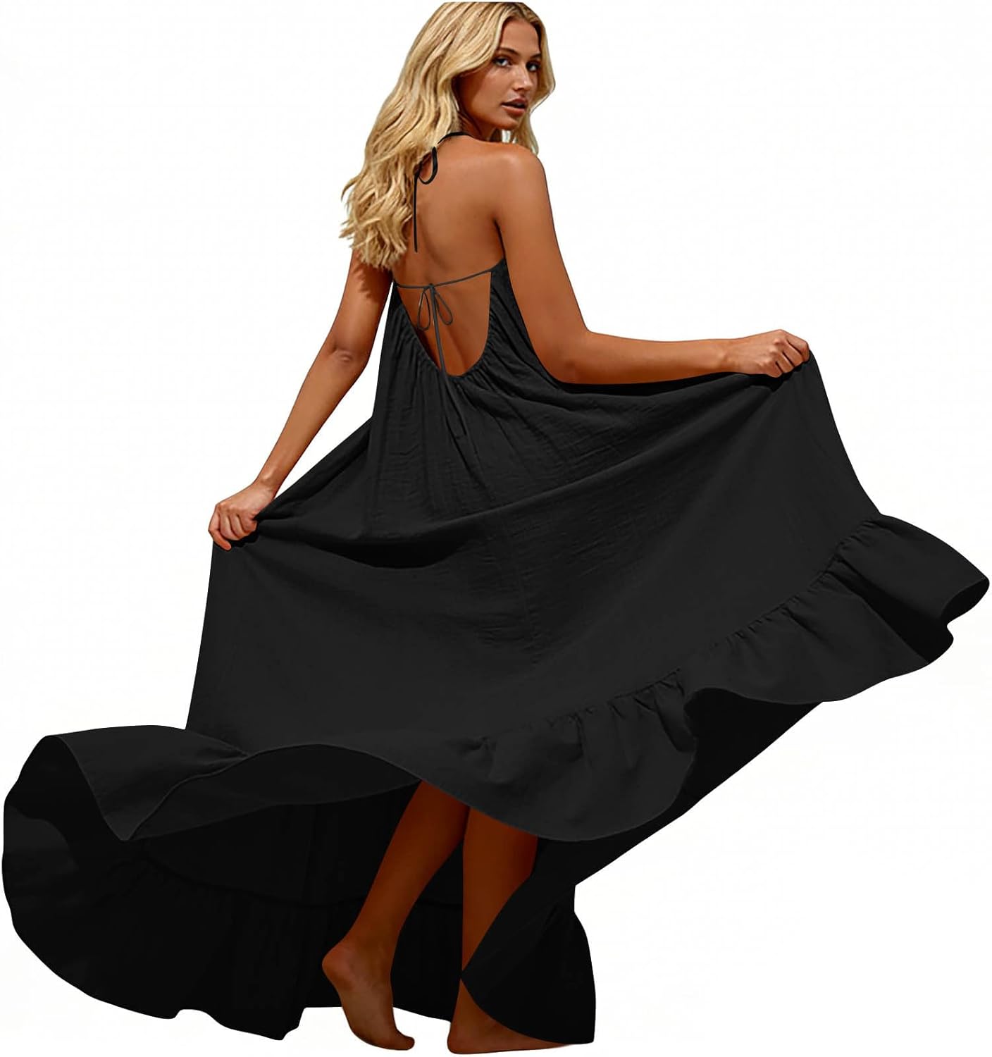 Backless Cami Dresses for Women Spaghetti Strap Linen Halter Dress Summer Casual Flowy Loose Maxi Sundresses