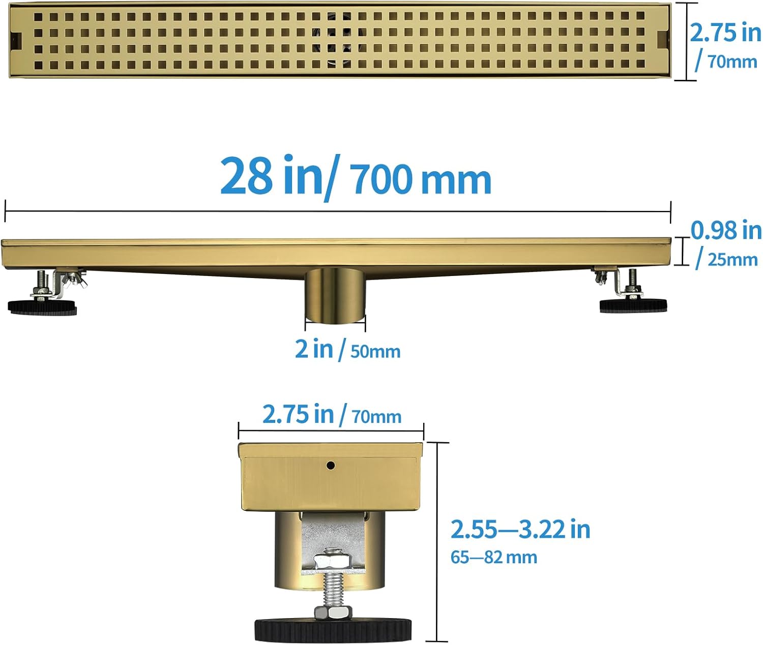 28 inch linear shower drain - brushed gold 304 stainless steel rectangular floor drain with adjustable leveling feet, hair strainer and removable grate brushed gold 28 inch
