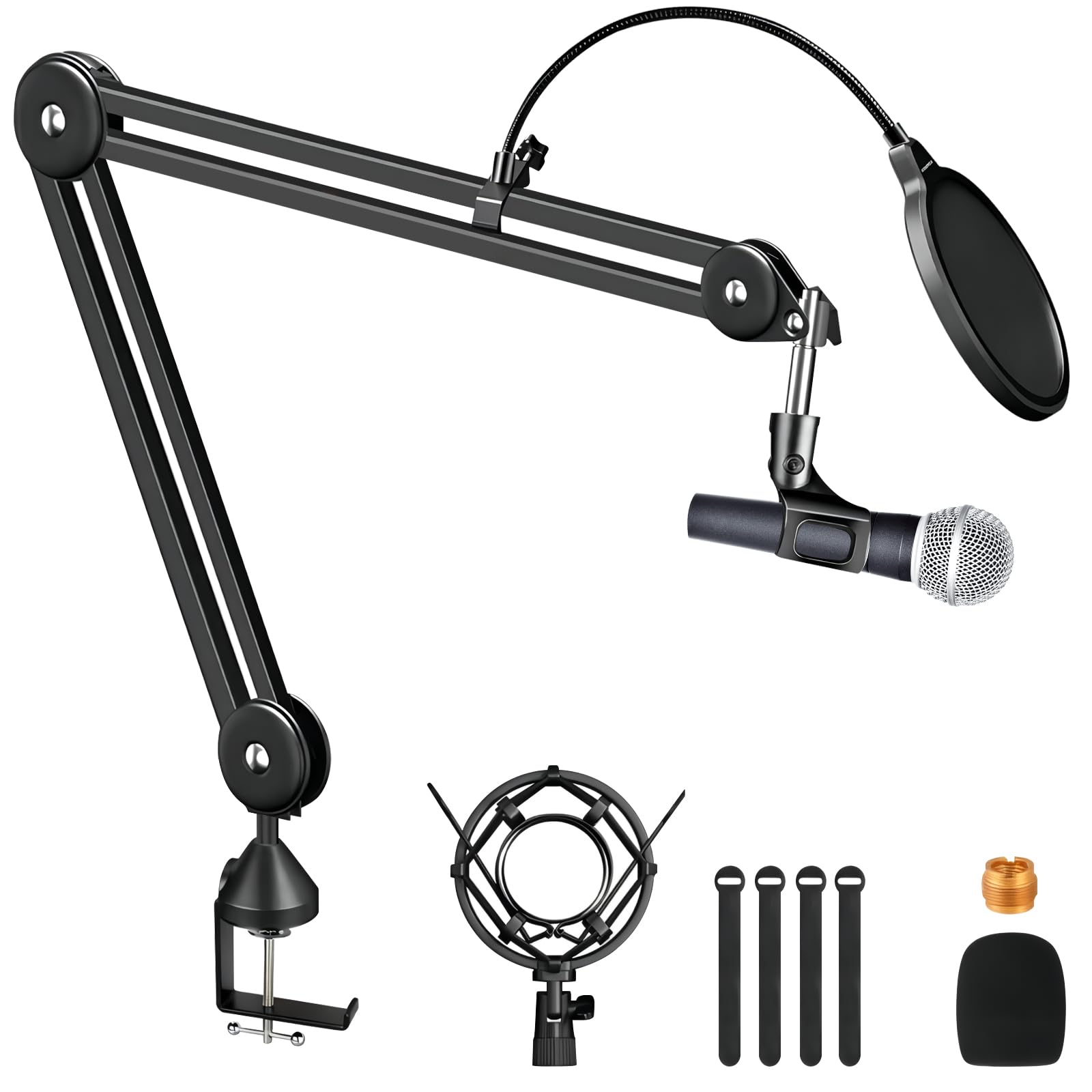 Microphone Arm Stand, Microphone Suspension Stand Boom Scissor Mic Arm with Pop Filter and Windscreen Mic Desk Mount Clamp Adjustable Compact Holder for Voice-Over Gaming Recording Podcasts Streaming