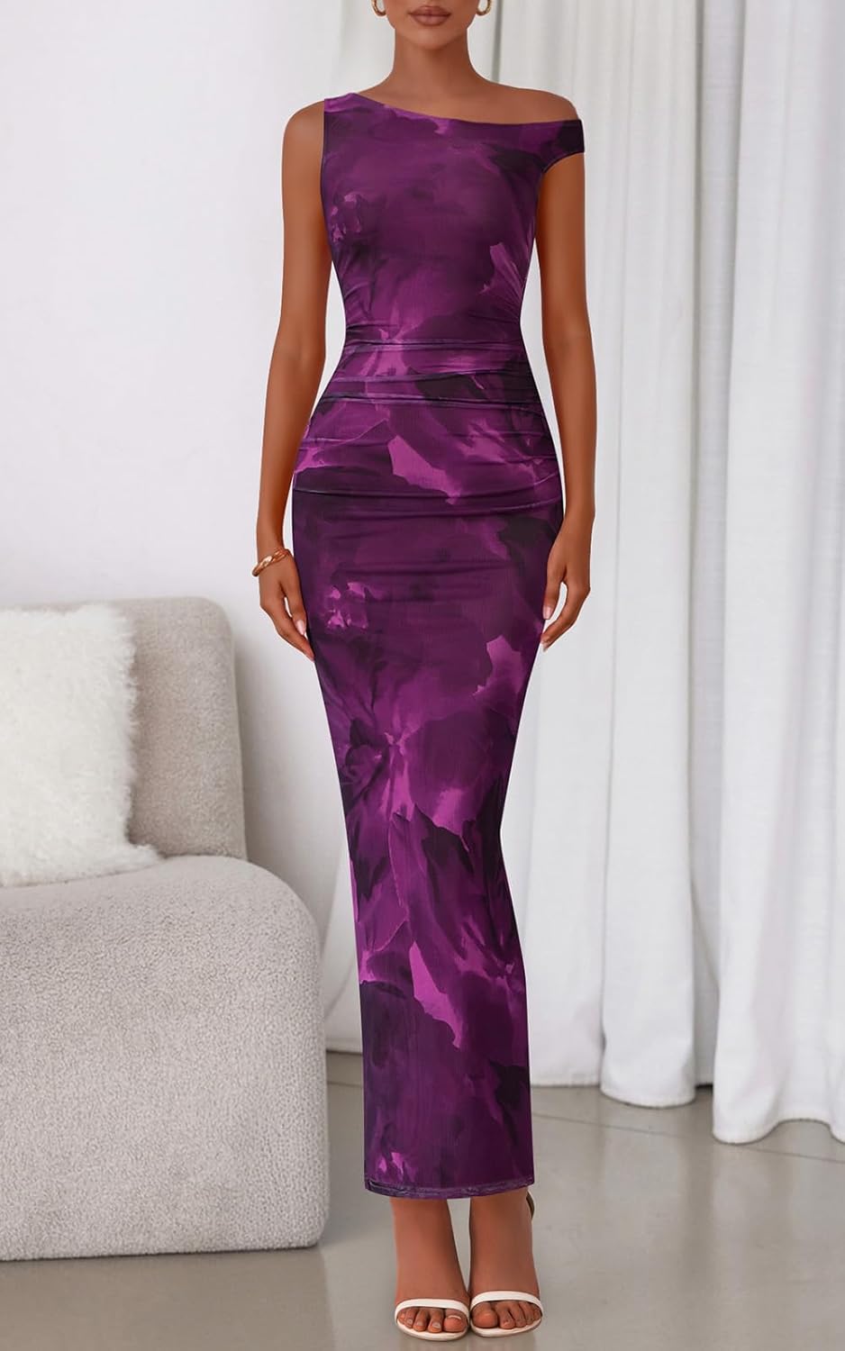 PRETTYGARDEN Women's 2026 Summer Floral One Shoulder Maxi Dress Wedding Guest Ruched Mesh Bodycon Long Cocktail Dresses - Image 2