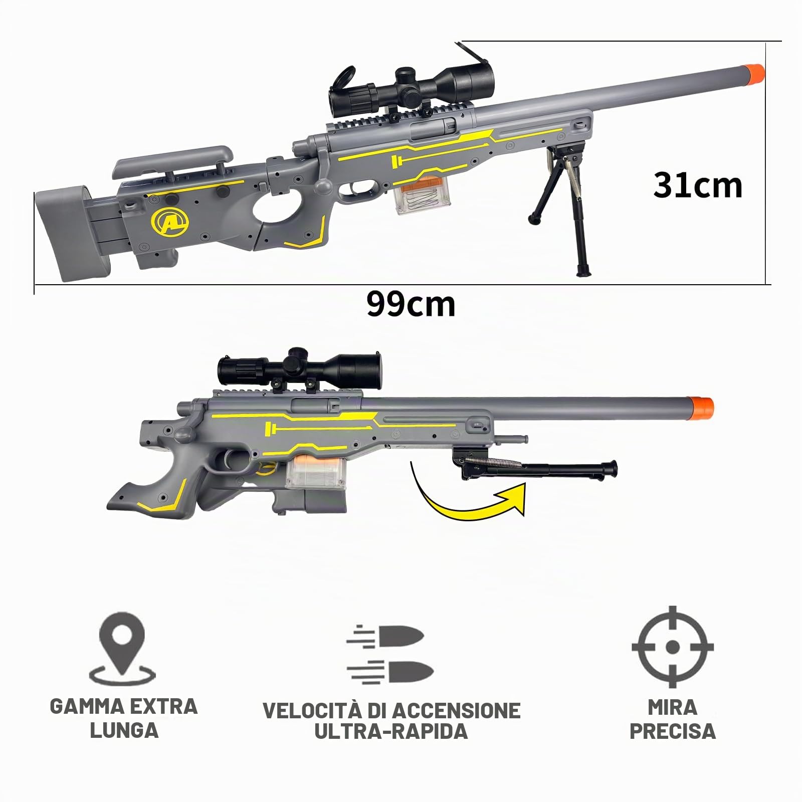 AGM MASTECH AWM Soft Bullet Toy Gun, design di espulsione di gusci vuoti, mirino migliorato, caricatore di dardi, 40 dardi di schiuma morbida, 20 gusci, 2 caricatori. (Oro)