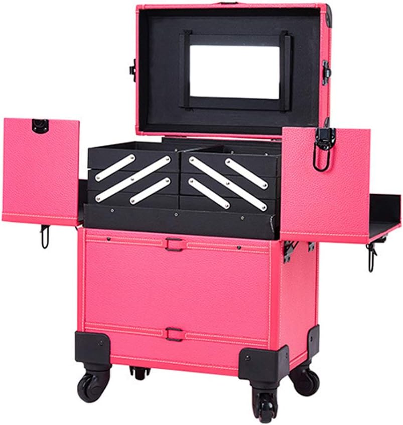 Large Makeup Trolley Case with Mirror with Mute Caster 6pcs Expandable Tray for Nail Beauty Makeup Tool,4 (2)