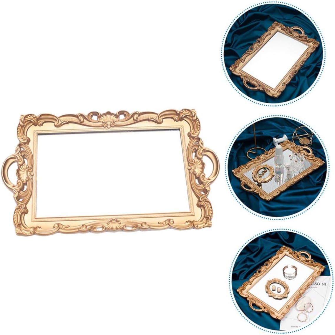 Retro Mirror Plate Makeup Tray Golden Rectangular Plastic Cosmetic Storage Organizer for Vanity, European Style Decorative Perfume and Jewelry Holder Tray for Home Décor